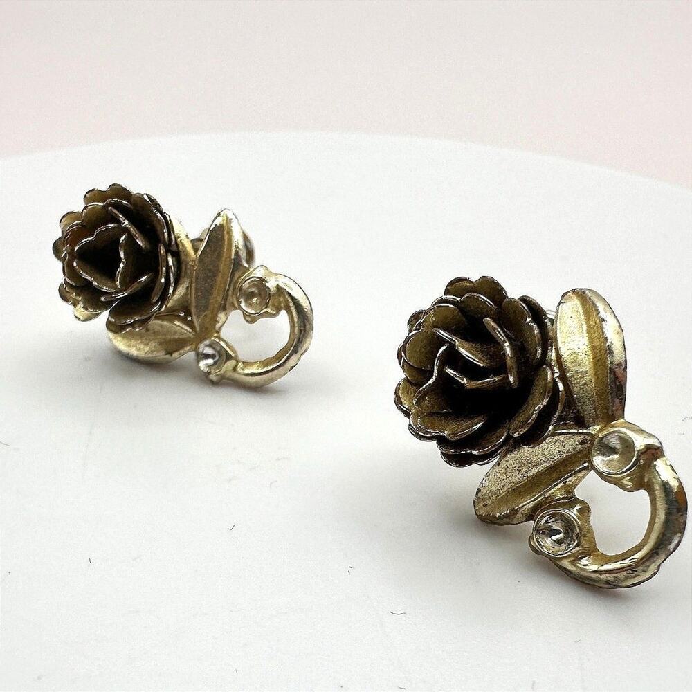Vintage 90s Gold Tone Rose Floral Rhinestone Earrings Women's Classic Jewelry